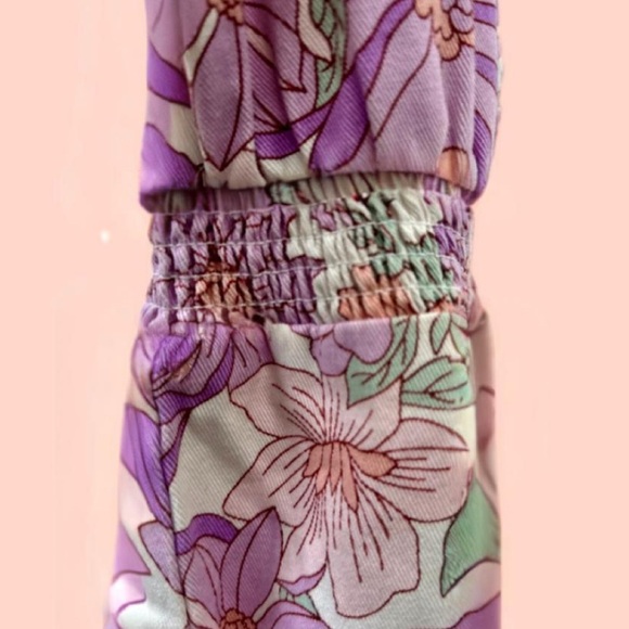 Skies are Blue Floral Cotton Twill Short Dress Puff Sleeves Retro - Picture 6 of 9